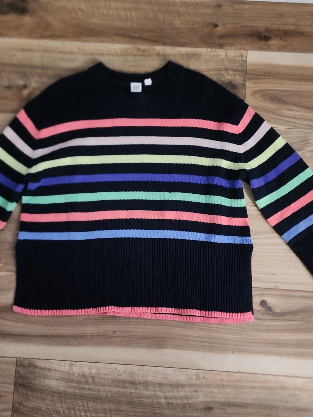 GAP Black Crewneck Sweater with Neon Rainbow Stripes